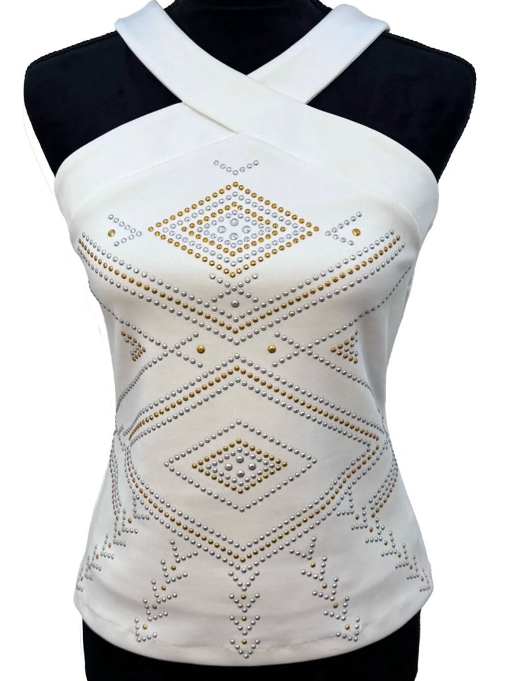 Bisou Bisou White Studded Halter Tank Top Y2K Glam Rhinestone Size Small